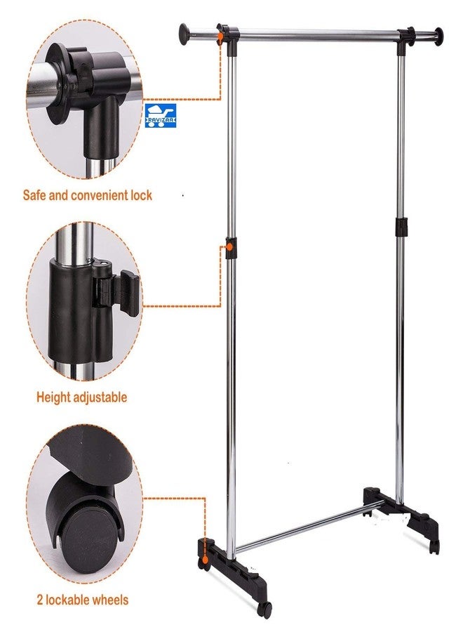 RAVIZAA Stainless Steel Single Pole Telescopic Movable Portable Adjustable Clothes, Garment Hanging Rack Stand with Wheels-1. - Image 3